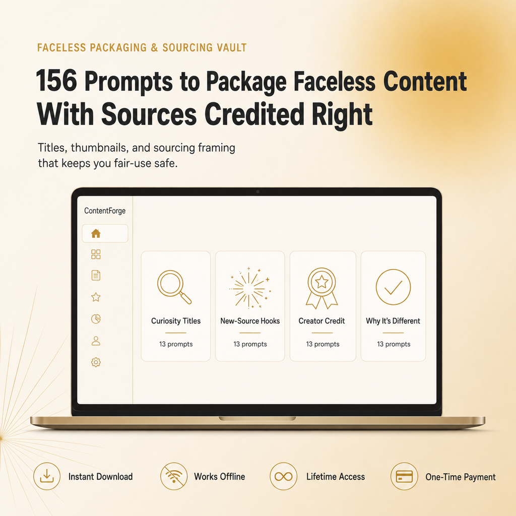 Faceless Packaging & Sourcing Vault — 156 Prompts for Titles, Thumbnails & Credit-Safe Sourcing