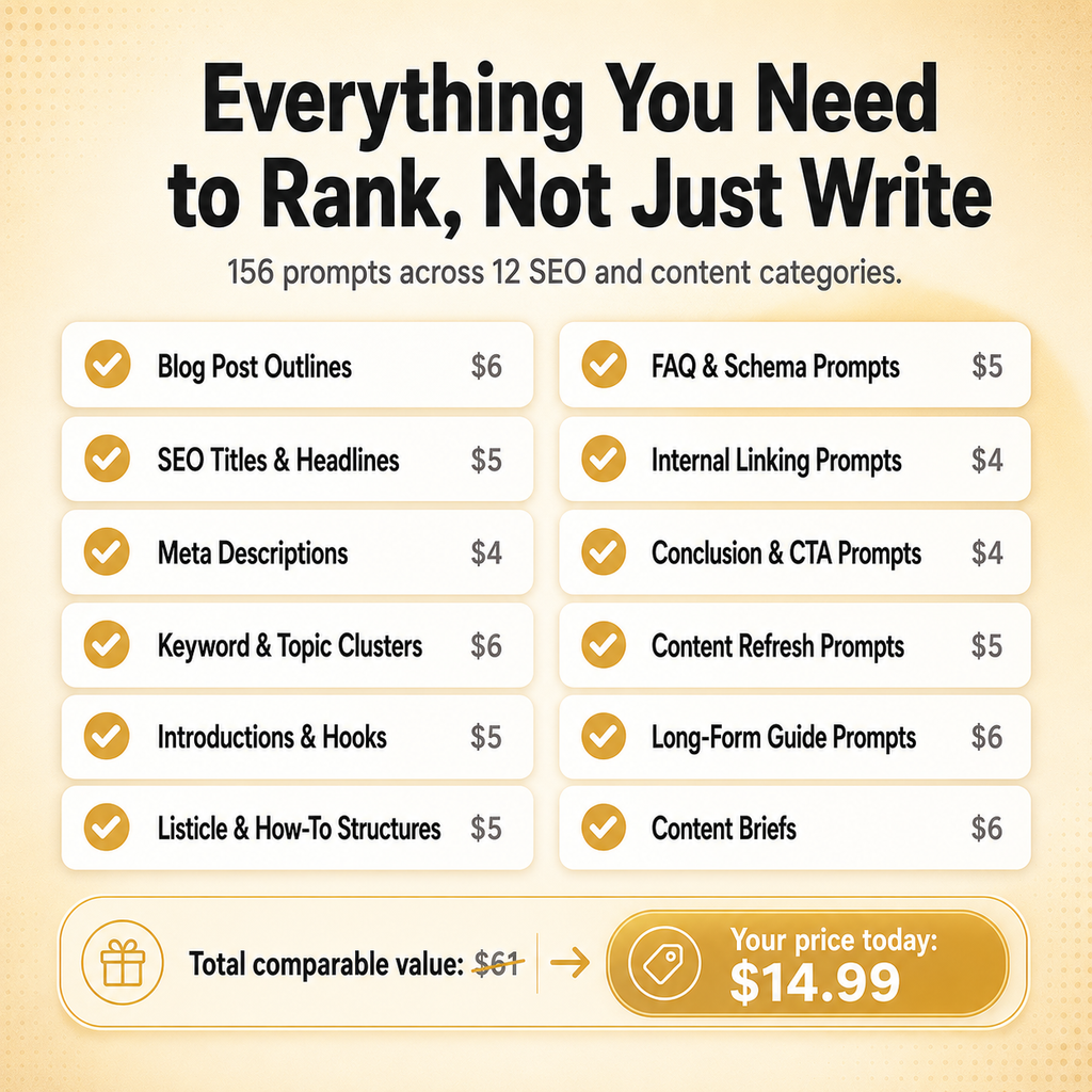 AI SEO & Blog Content Prompt Pack — 156 Prompts for Blog Posts, Titles, Meta Descriptions & More