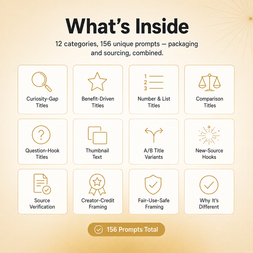 Faceless Packaging & Sourcing Vault — 156 Prompts for Titles, Thumbnails & Credit-Safe Sourcing