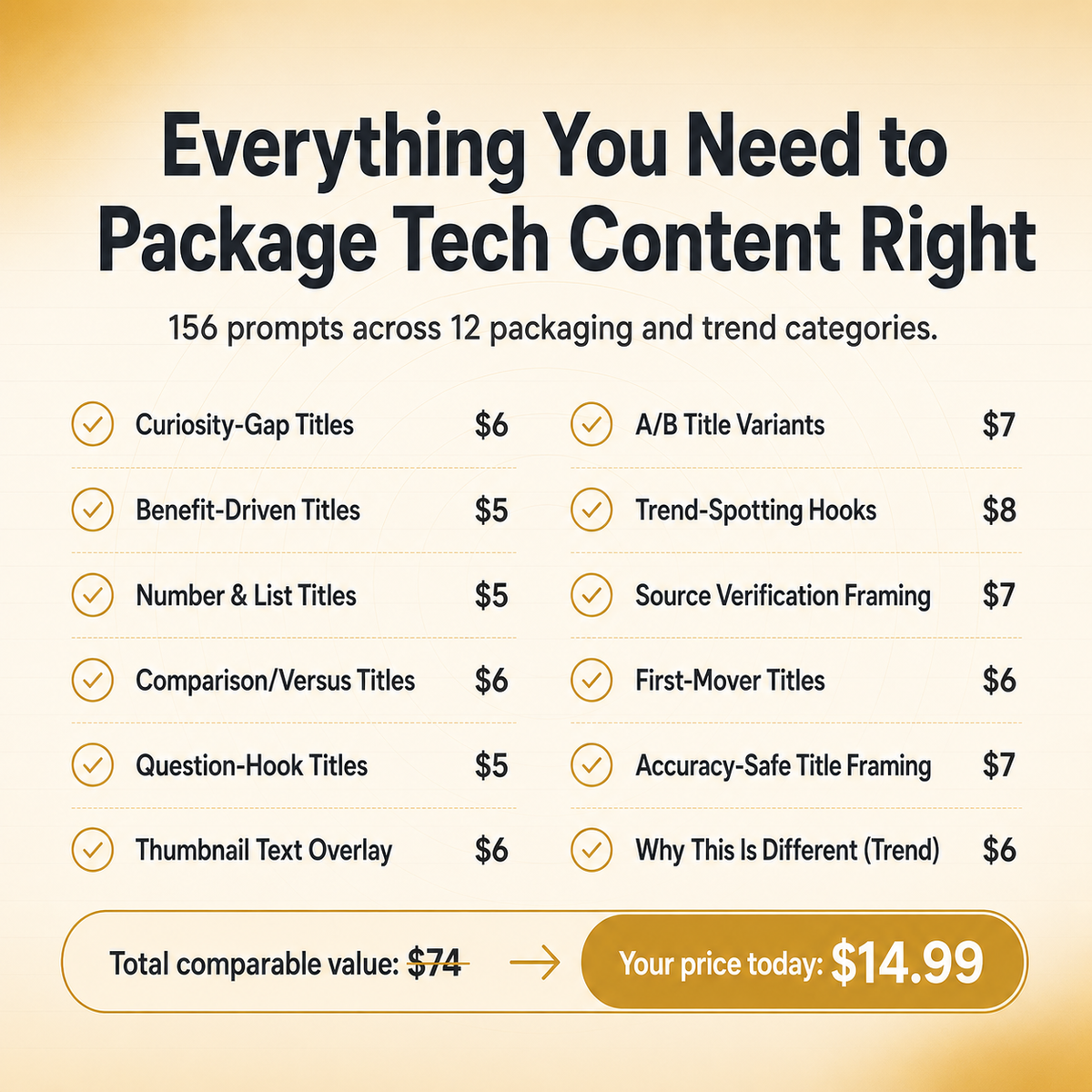 Tech Packaging & Trend Vault — 156 Prompts for Titles, Thumbnails & Trend-Safe Framing