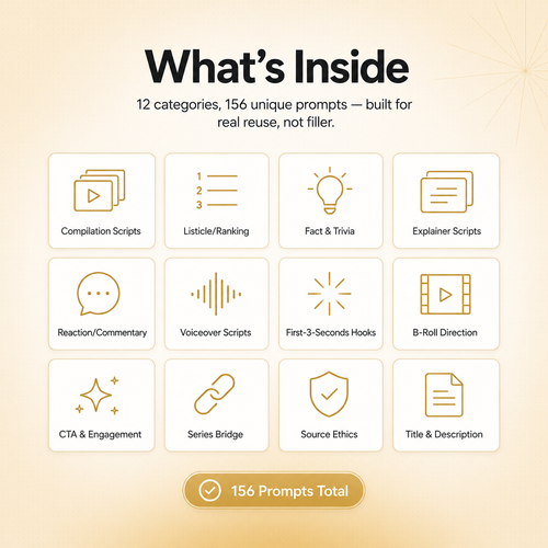 AI Faceless Content Prompt Vault — 156 Prompts for Compilations, Listicles & Fact Videos