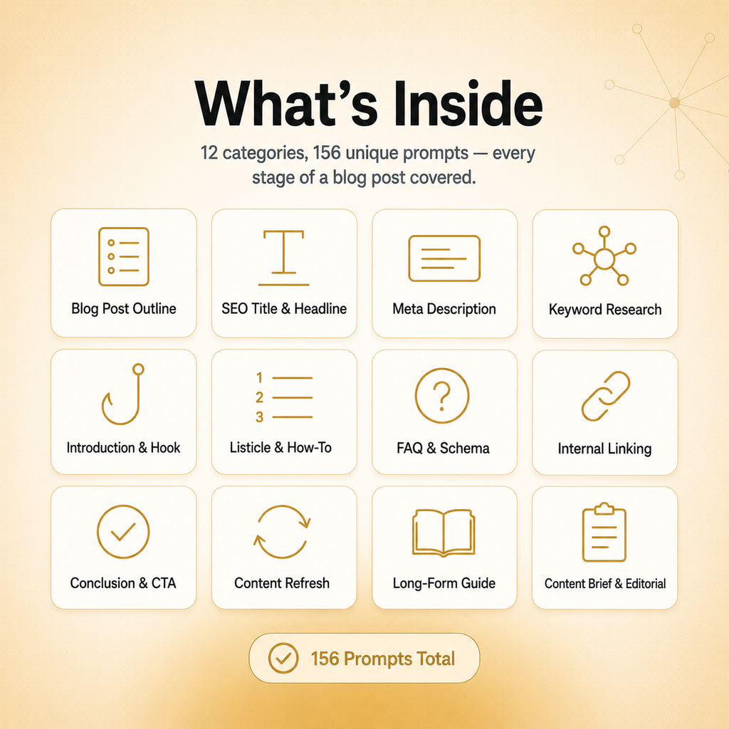 AI SEO & Blog Content Prompt Pack — 156 Prompts for Blog Posts, Titles, Meta Descriptions & More