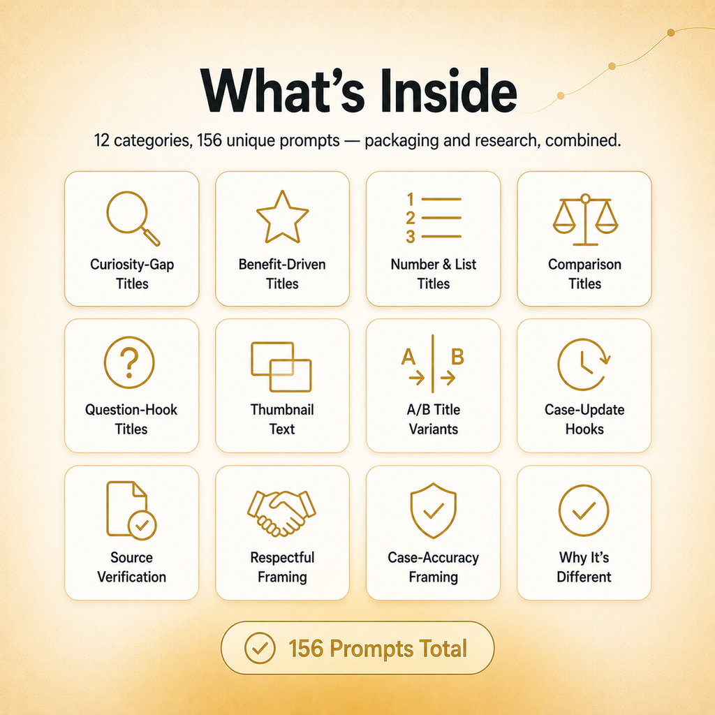 Story Packaging & Research Vault — 156 Prompts for Titles, Thumbnails & Verified Sourcing