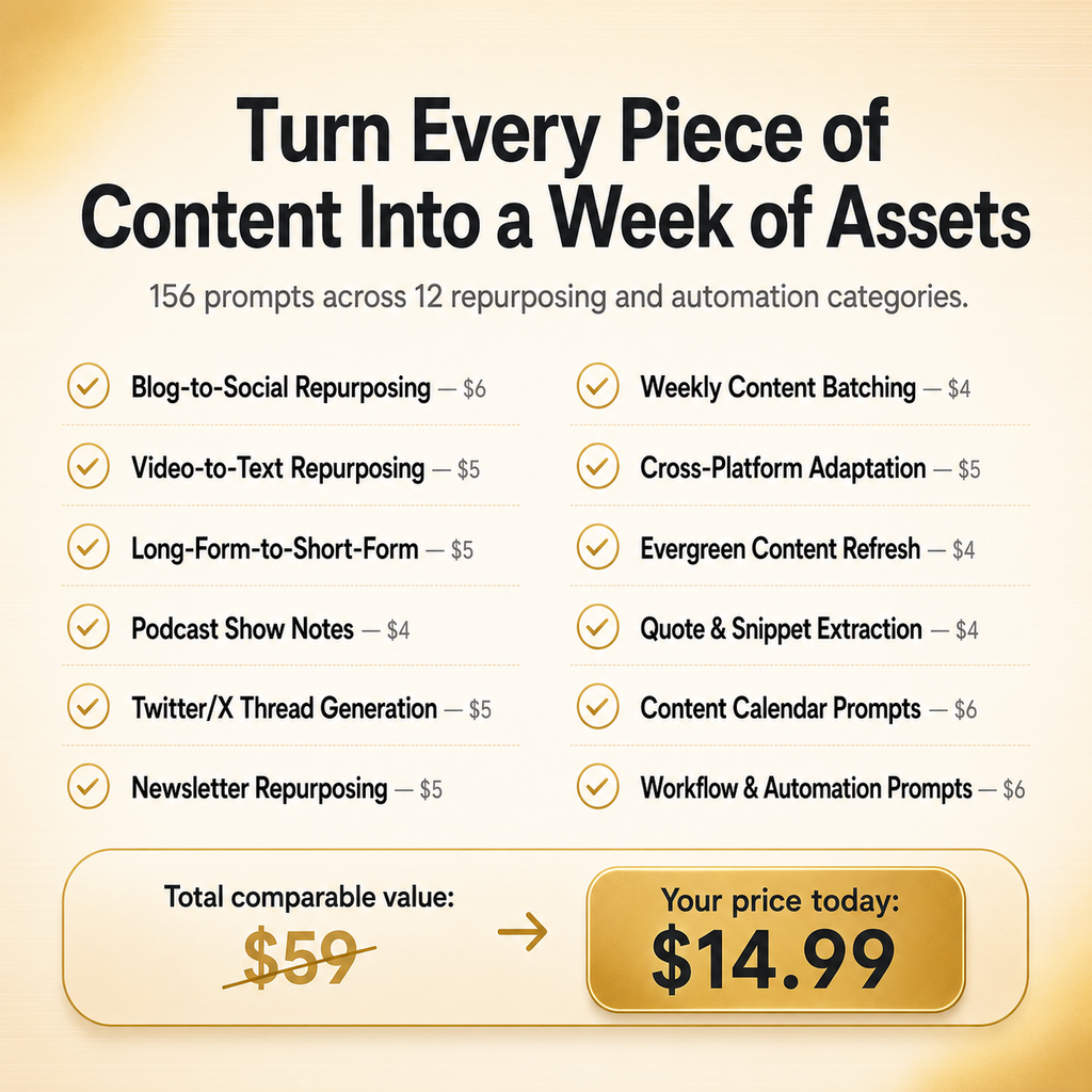 AI Content Repurposing & Automation Prompts — 156 Prompts to Turn One Idea Into a Week of Content