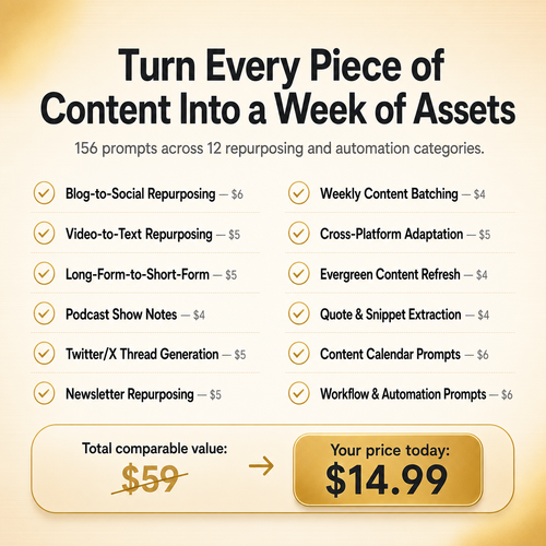 AI Content Repurposing & Automation Prompts — 156 Prompts to Turn One Idea Into a Week of Content