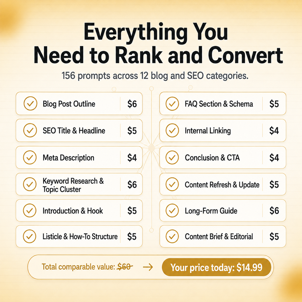 AI SEO & Blog Content Prompt Pack — 156 Prompts for Blog Posts, Titles, Meta Descriptions & More