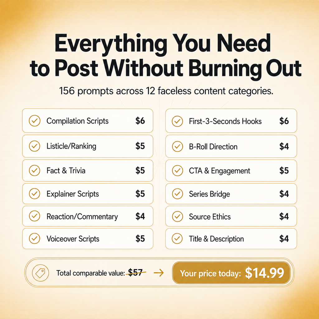 AI Faceless Content Prompt Vault — 156 Prompts for Compilations, Listicles & Fact Videos