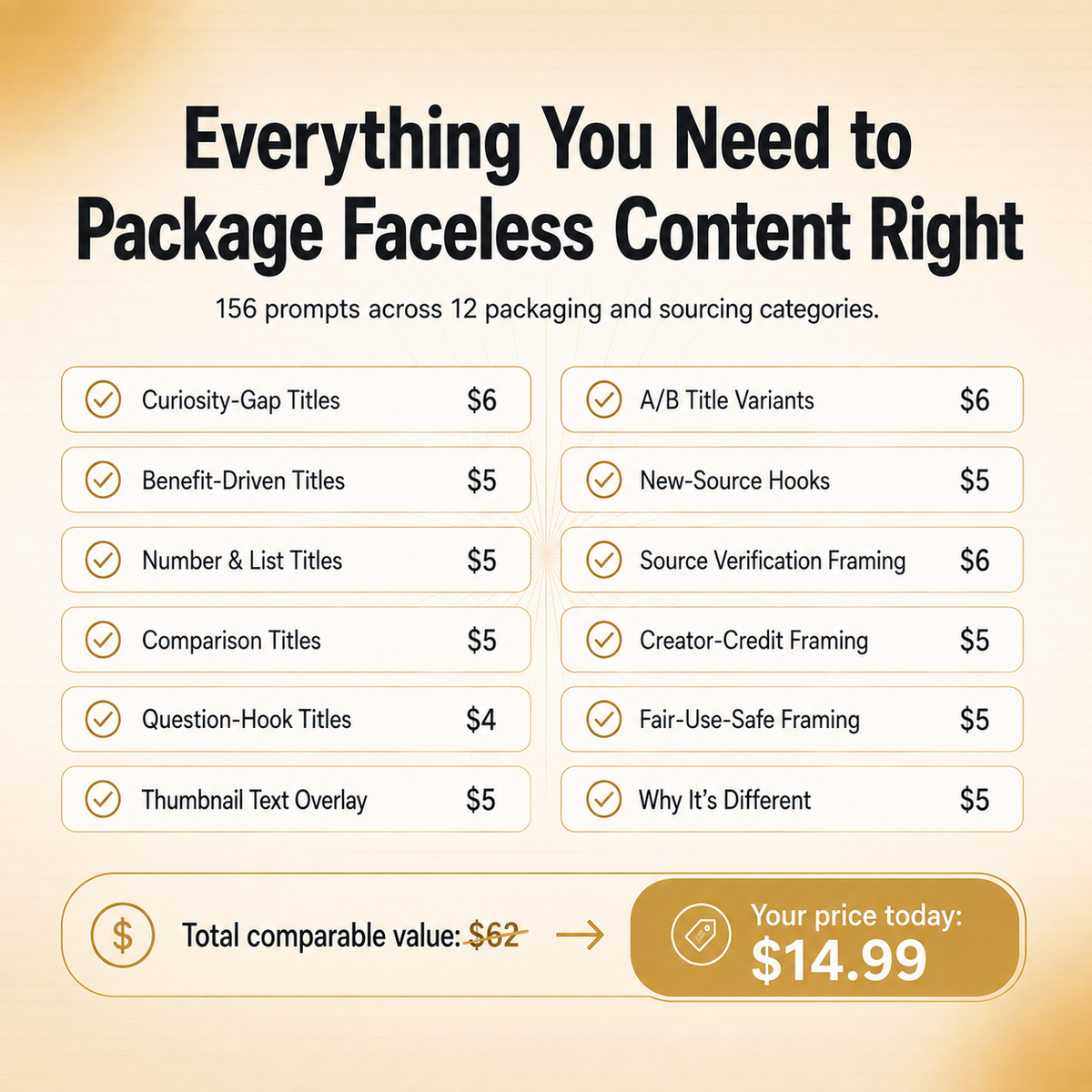 Faceless Packaging & Sourcing Vault — 156 Prompts for Titles, Thumbnails & Credit-Safe Sourcing