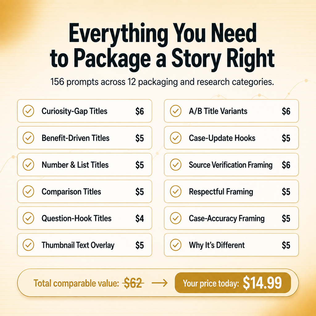 Story Packaging & Research Vault — 156 Prompts for Titles, Thumbnails & Verified Sourcing