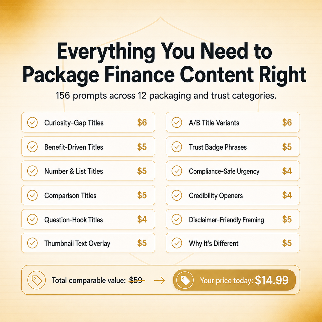 Finance Packaging & Trust Vault — 156 Prompts for Titles, Thumbnails & Trust-Safe Copy