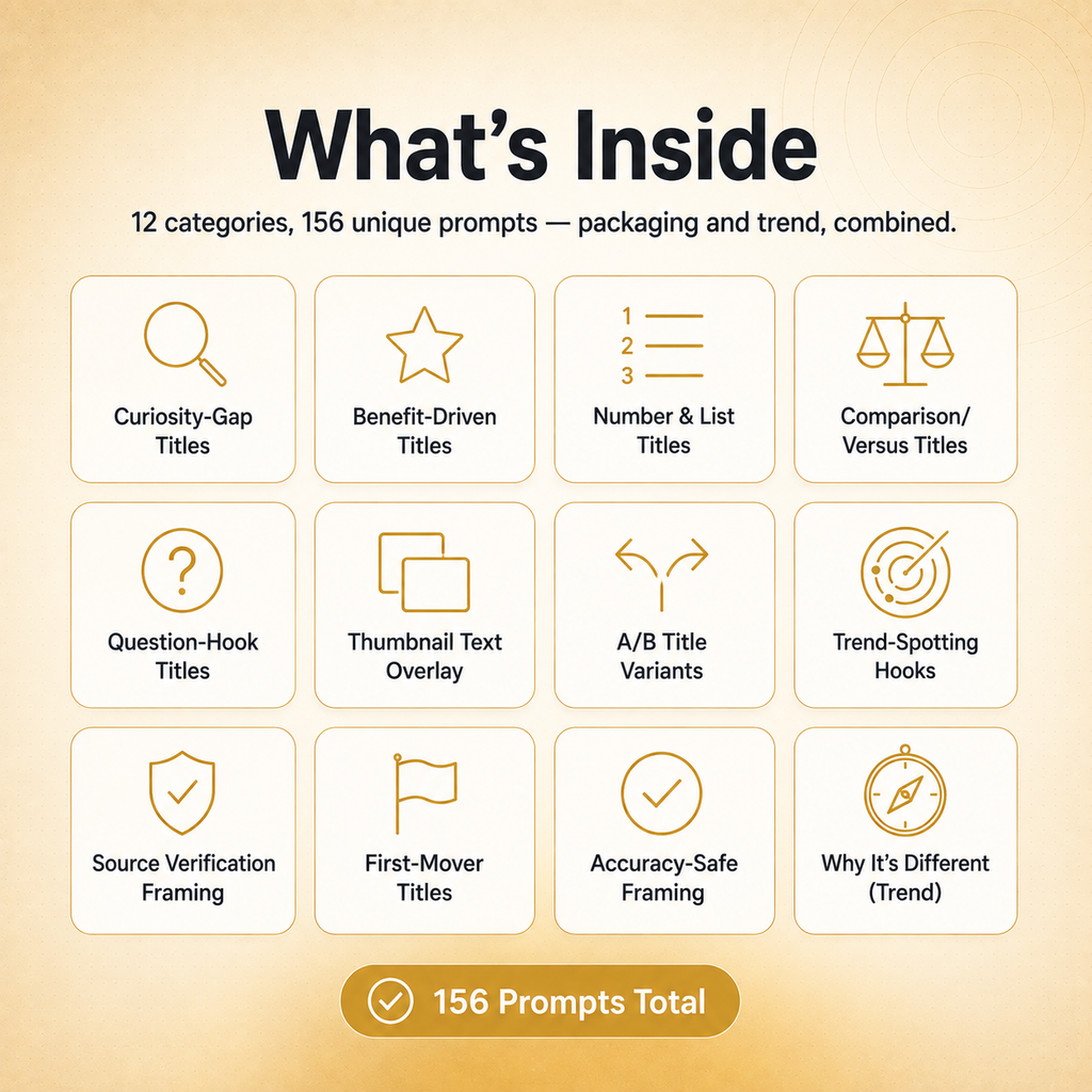 Tech Packaging & Trend Vault — 156 Prompts for Titles, Thumbnails & Trend-Safe Framing