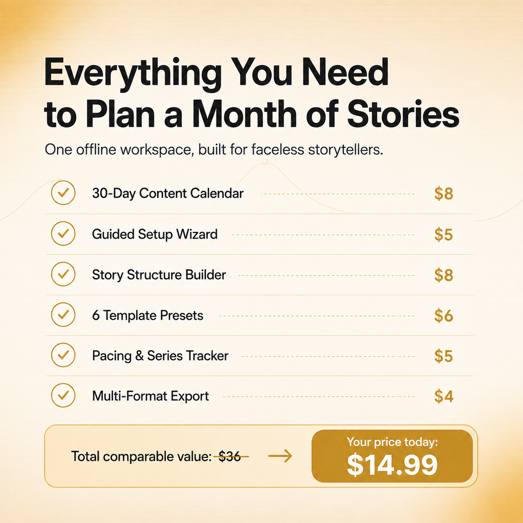 Story Creator OS — 30-Day Planning System for Faceless Storytelling Creators