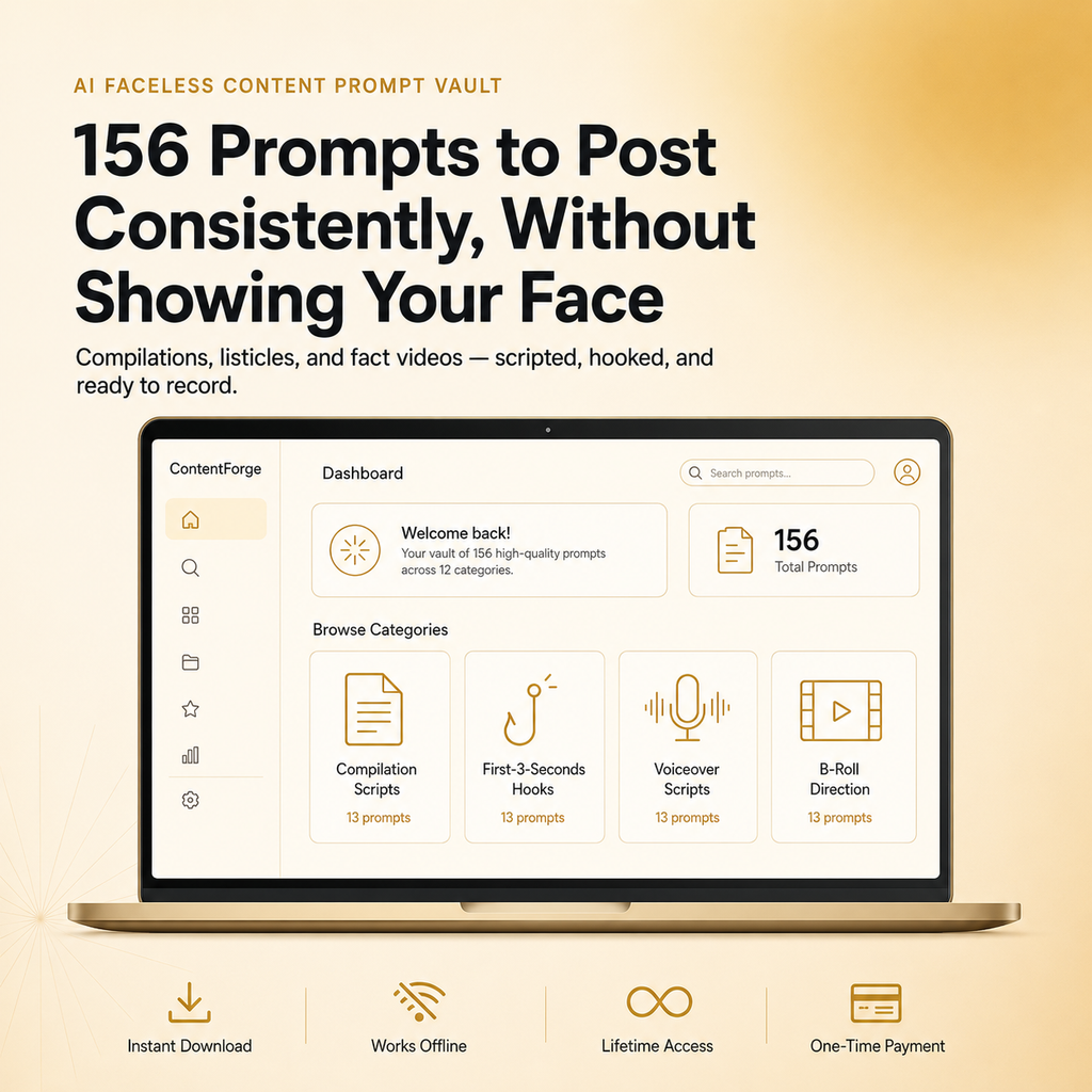 AI Faceless Content Prompt Vault — 156 Prompts for Compilations, Listicles & Fact Videos